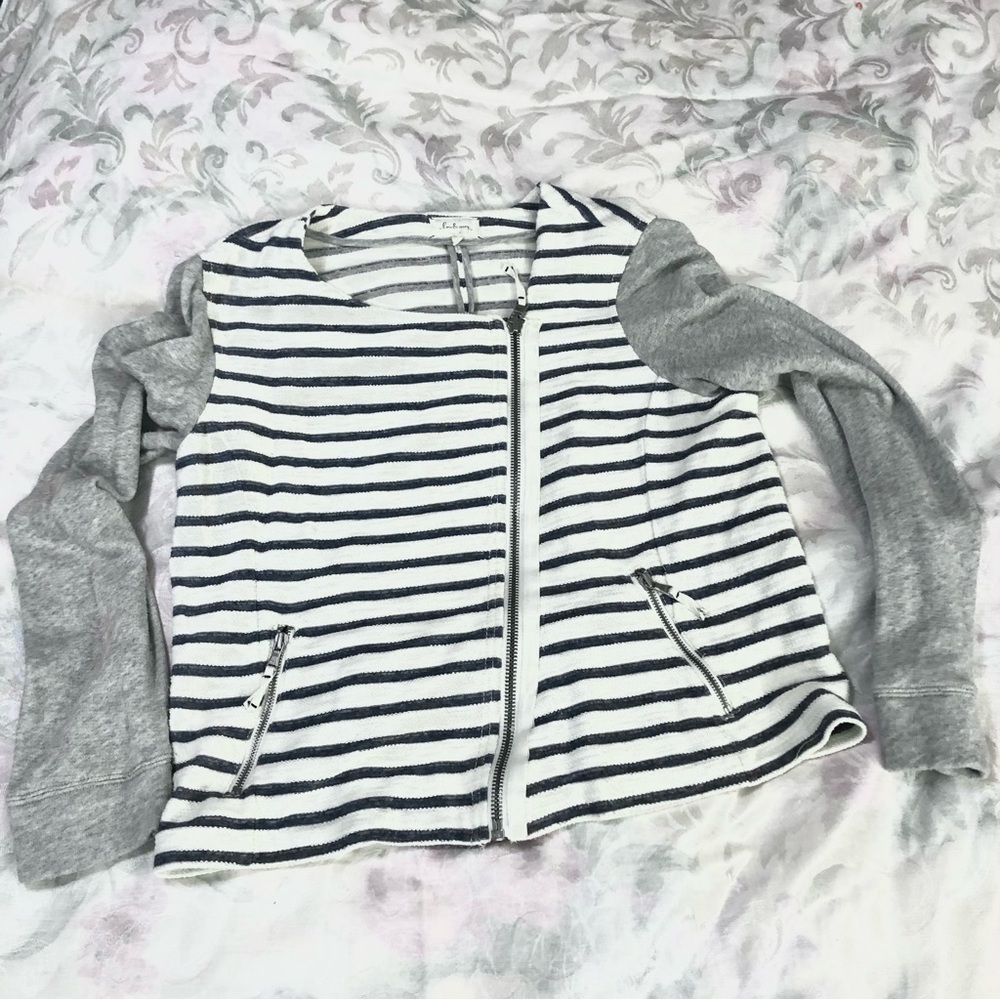 LOU & GREY Anthropologie Moto Jacket Grey & White Stripes Assymetrical Zip sz L - Picture 5 of 13